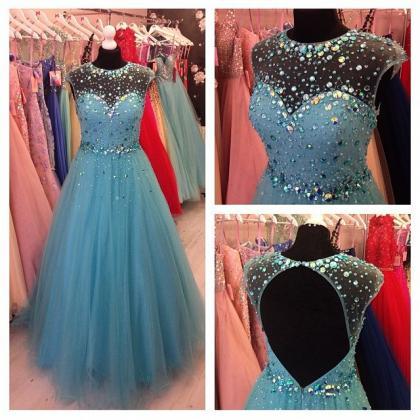 Beading Blue Tulle Prom Dress, A-line Sleeveless..