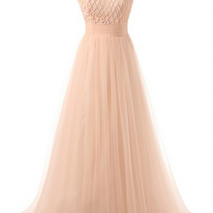 Sheer Neck Tulle Long Prom Dresses Evening Gowns..