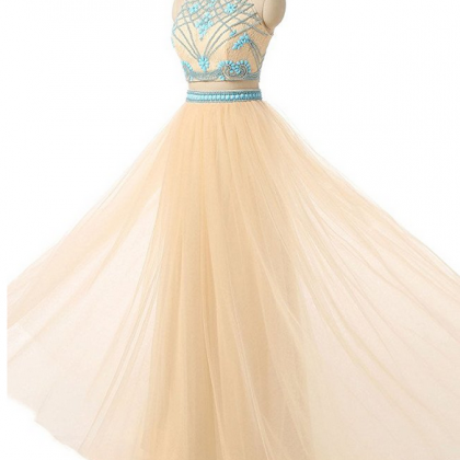Two Piece High Neck Beaded Bodice Prom Dresses..