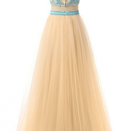 Two Piece High Neck Beaded Bodice Prom Dresses..