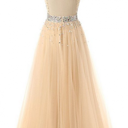 A-line Scoop Neck Floor Length Tulle Prom Dress..
