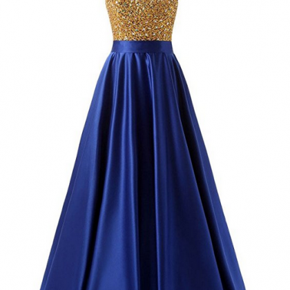 Long Satin Prom Dress With Golden Sparkly Bodice..