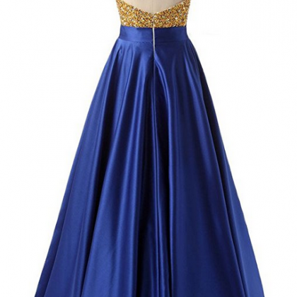 Long Satin Prom Dress With Golden Sparkly Bodice..