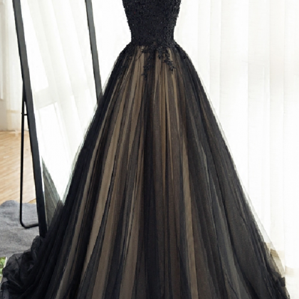Long Black Tulle Prom Dress,high Neck Banquet Dress,lace Appliques ...