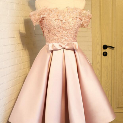 Lovely Light Pink Off Shoulder Satin and Lace Applique Homecoming Dresses, Homecoming Dresses , Short Party Dresses