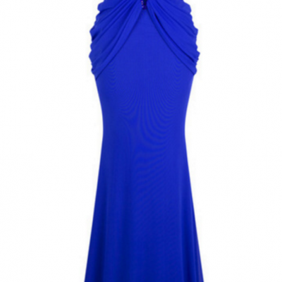 A formal evening dress with a v-neck, necklaces, and a pleated mermaid court evening gown