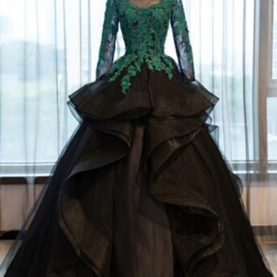Black Long Sleeve Prom Dresses Costume Applique Lace Sheer Tulle Evening Dress Banquet Ball Gowns Formal Gown
