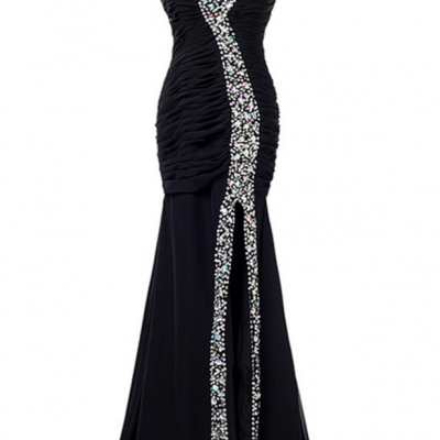 Black party dress silk crystal folds as seam long mermaid open-air party dress