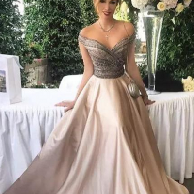 Off the Shoulder Champagne Long Prom Dresses Evening Dresses for Women with Beaded