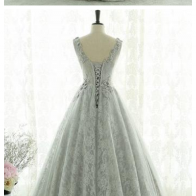 Gray lace tulle long prom dress, gray evening dress