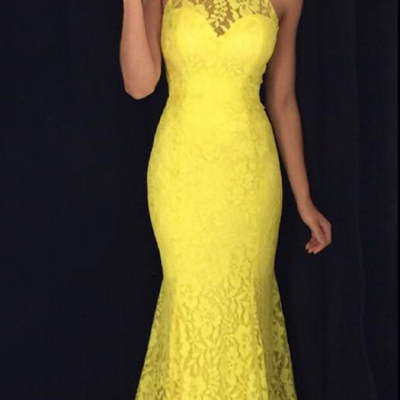 Cheap prom dresses , Halter Lace Evening Dresses,Yellow Lace Dresses Evening ,Backless Evening Prom Gowns