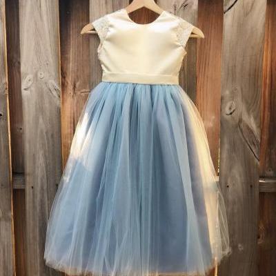 Dusty Blue Flower Girl Dress, Floor Length Dusty Blue Satin and Lace Flower Girl Dress, Baptism Dress, Formal Girl Dress, Dusty Blue Wedding