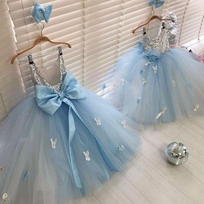 Pretty Sequin Lace Tulle Scoop Neckline Ball Gown Flower Girl Dresses With Beaded Fringed Bowknot,Sequins Long Girls Pageant Dress,F2365