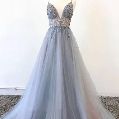  Gray v neck tulle beads long prom dress, evening dress