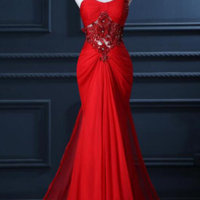 One Shoulder Prom Dress with Beaded Flowers, Unique Red Prom Gowns, Mermaid Chiffon Prom Dress