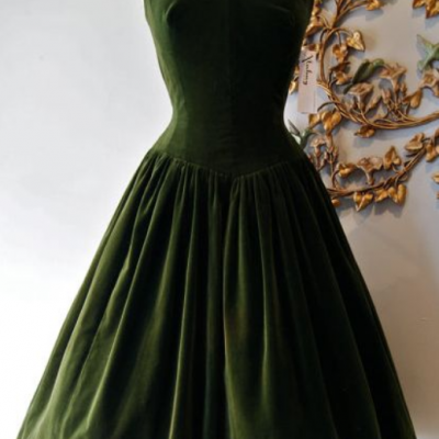 Vintage Prom Dress, Dark Green Velvet Prom Dress, Mini Short Homecoming Dress