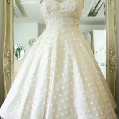 Vintage Polka Dots Tea Length Bridal Dresses,V-neck Sleeveless Backless Wedding Dresses
