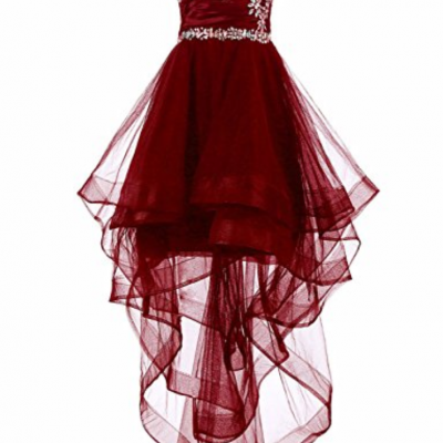 Charming Prom Dress, High Low Prom Dresses, Sleeveless Party Dress,Burgundy Tulle Prom Gown