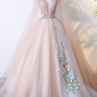Champagne Tulle Long Prom Dress,Champagne Tulle Evening Dress