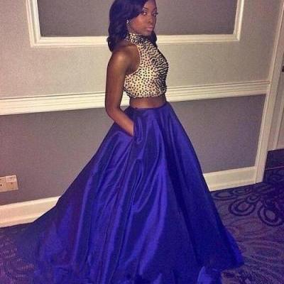 Royal Blue Prom Dresses 2 Piece Prom Gown Two Piece Prom Dresses Satin Prom Dresses New Style Prom Gown 2016 Prom Dress