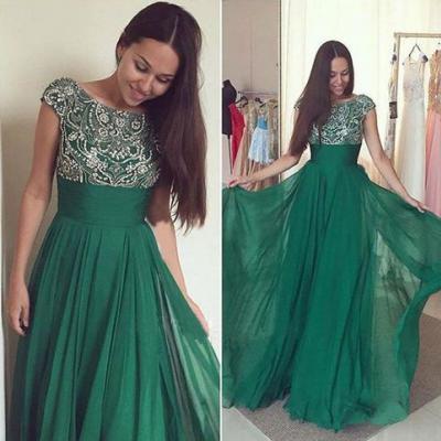 Green Prom Dresses,Silver Beadings Evening Gowns,Modest Formal Dress,Beaded Prom Dresses,Long Evening Gown,Evening Gowns With Cap Sleeves,Chiffon Party Dress,Sparkly Formal Gowns