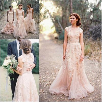 Lovely Wedding Dresses,Long Wedding Gown,Tulle Wedding Gowns,Lace Bridal Dress,Romantic Wedding Dress,Unique Blush Pink Brides Dress,Spring Wedding Gowns