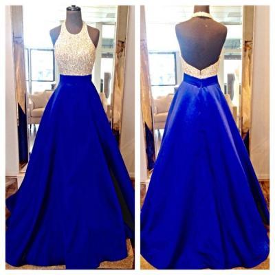 New Design Long Royal Blue Prom Dresses,Halter Beading Charming Prom Gowns,Modest Evening Dresses