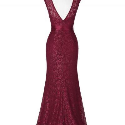 Burgundy Lace Floor Length Trumpet Evening Dress Featuring Jewel Cap Sleeve bodice with Bow Accent Belt and Plunge V Back 