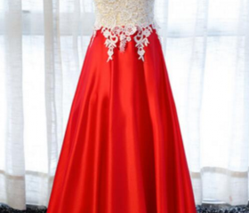 Red Satin White Lace Bodice Long Party Dresses, Formal Dresses, Evening ...
