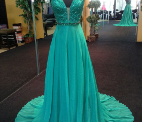 Long Straps Green V-neck Crystal Prom Dress Evening Dresses on Luulla