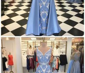 A Line V Neck Light Blue Beaded Chiffon Prom Dresses LBQ1946