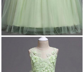 Long Sleeve Jewel Neck Lace Satin Tulle Flower Girl Dress with Lace Belt