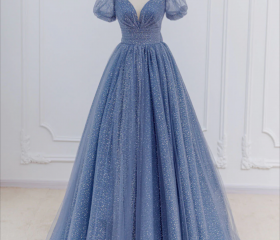 Elegant A-Line Gray-Blue Tulle Long Bridesmaid Dress for Weddings and Prom