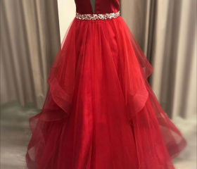 V-neck Long Tulle Dresses with Slit Red