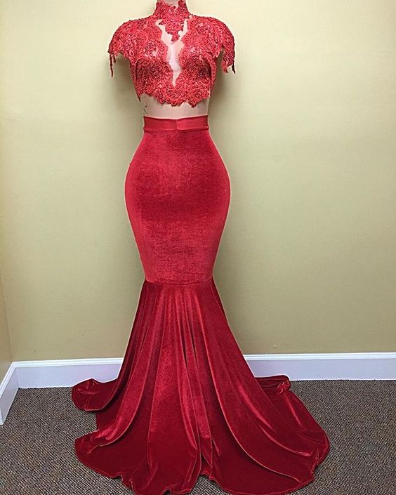 Prom Dresses,lace Prom Dress,red Long Floor Length Prom Dress 2 Pieces Evening Gowns