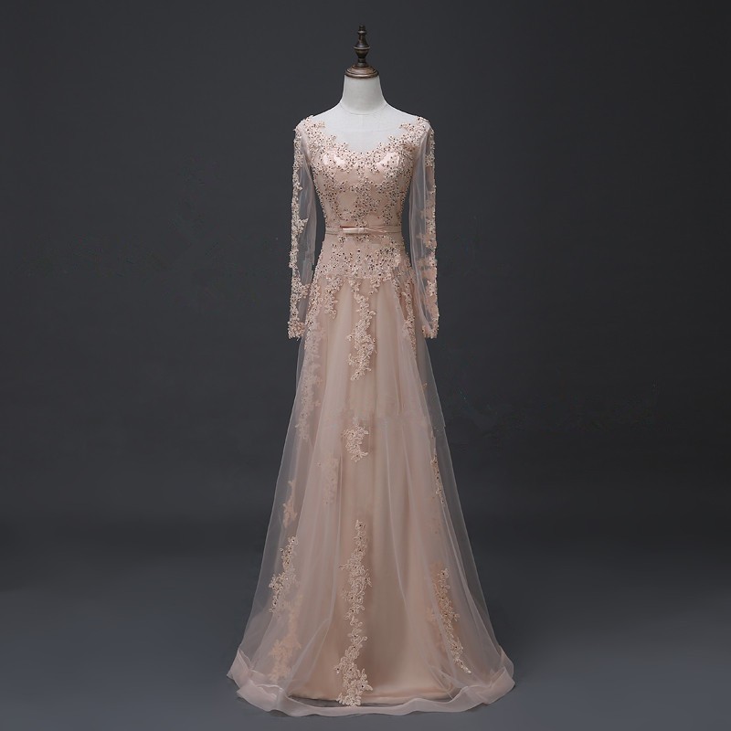 Real Photo See Through Long Evening Dress Long Sleeves Champagne Prom Evening Party Gowns