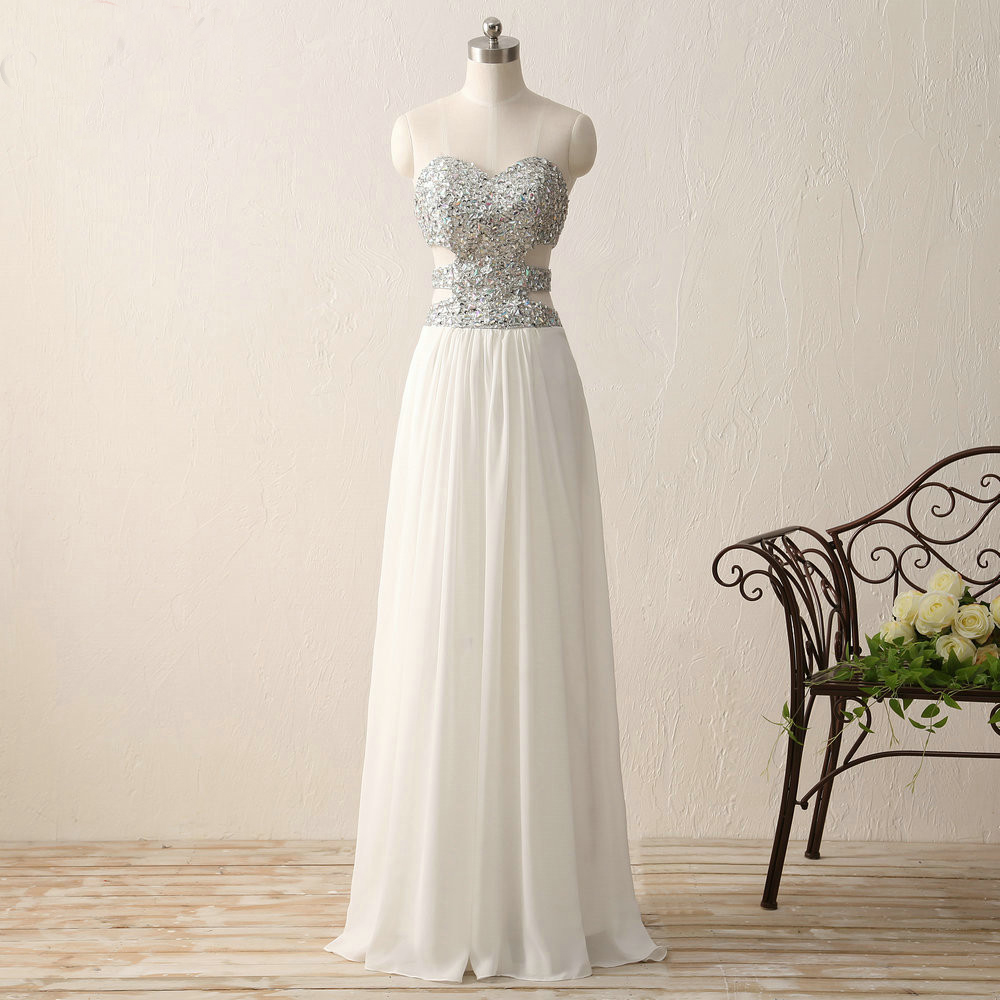 White Long Evening Dress Sweetheart Chiffon Beaded Crystal Backless Sparkly Formal Gowns