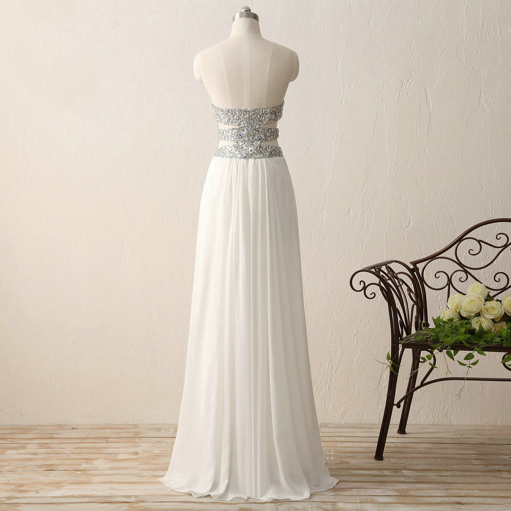 White Long Evening Dress Sweetheart Chiffon Beaded Crystal Backless