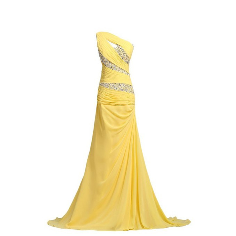 Sexy One Shoulder Evening Dress Chiffon Mermaid Yellow Evening Gowns