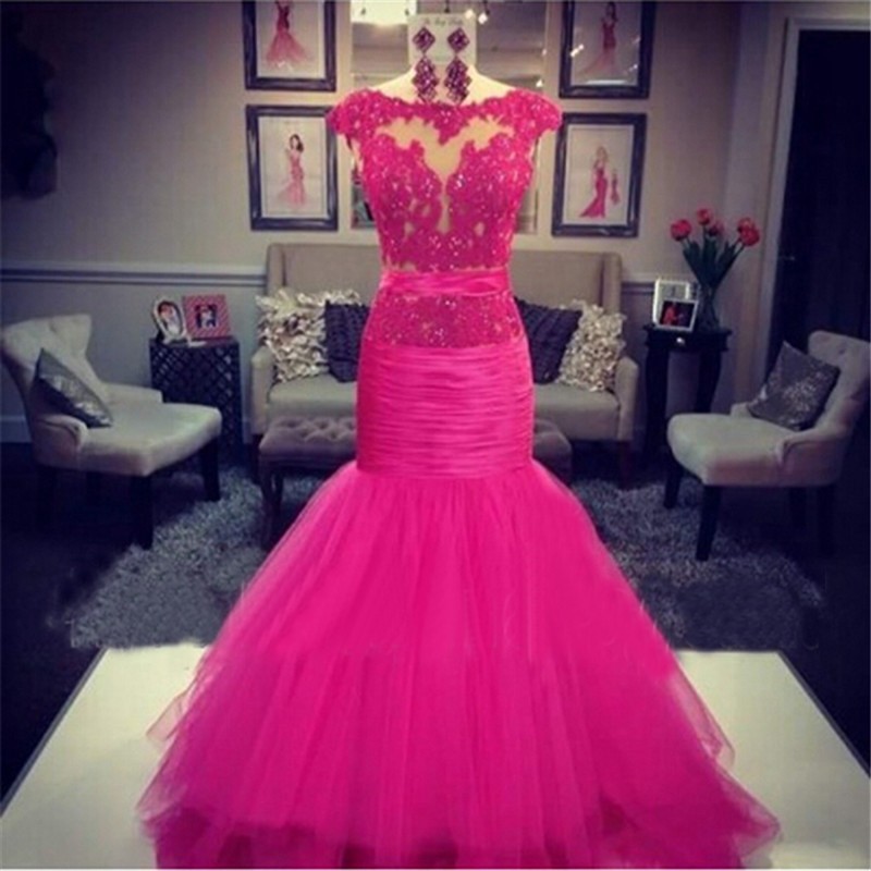 Pink Tulle Mermaid Evening Dresses Long Noche Largos Elegantes