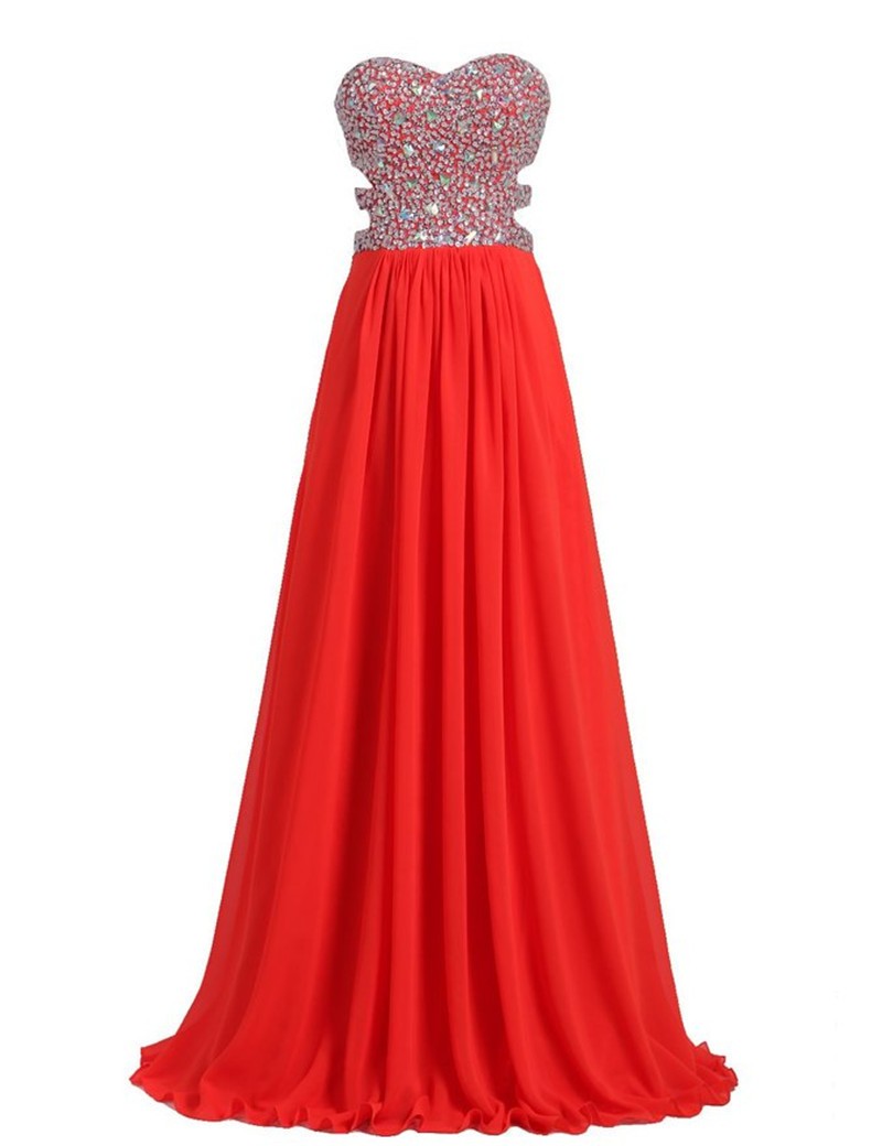 Rhinestones Evening Gown Festa Curto Red Chiffon A Line Floor Length Evening Dresses