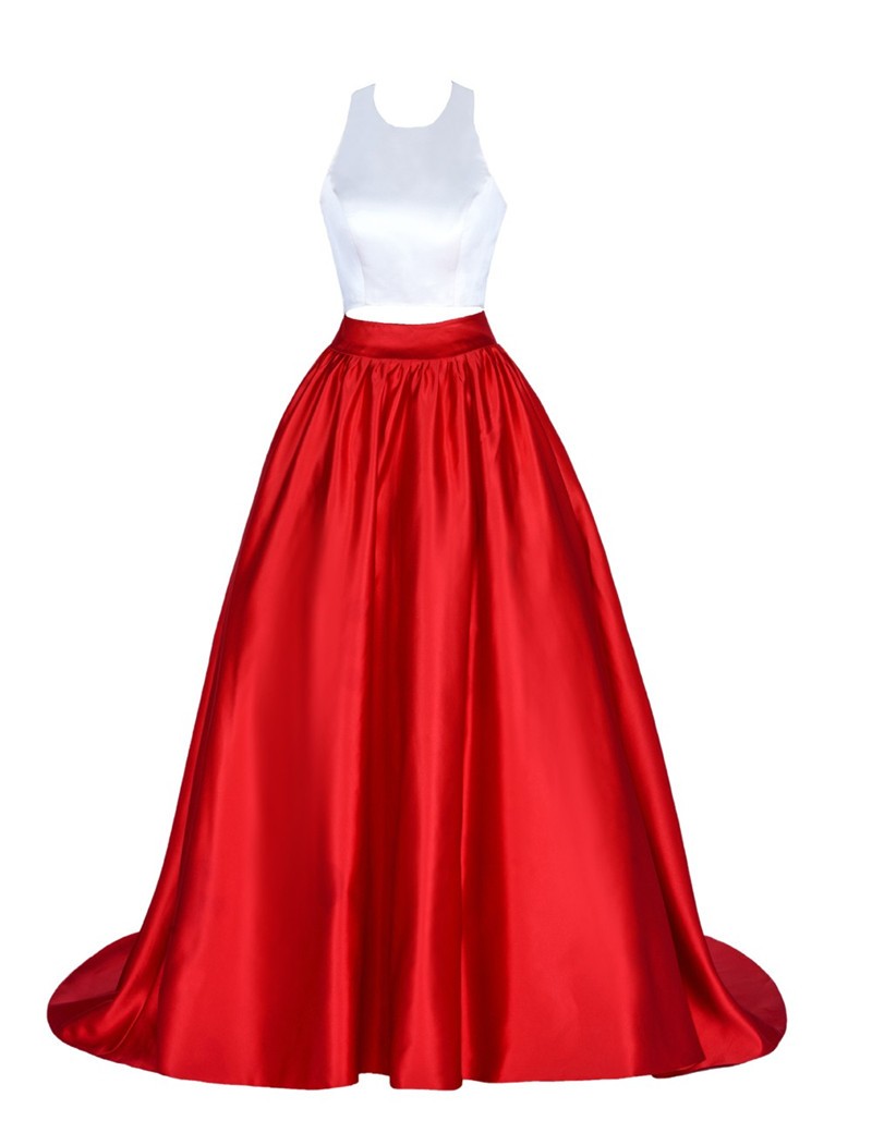 Real Picture Halter Neck Backless White And Red Satin Evening Dresses