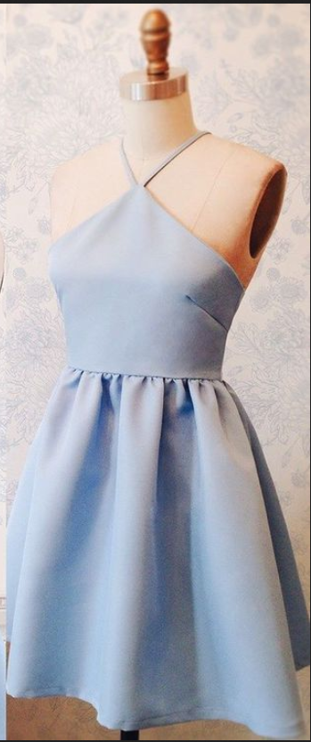 A-line Halter Above-knee Lace-up Blue Stretch Satin Homecoming Dress
