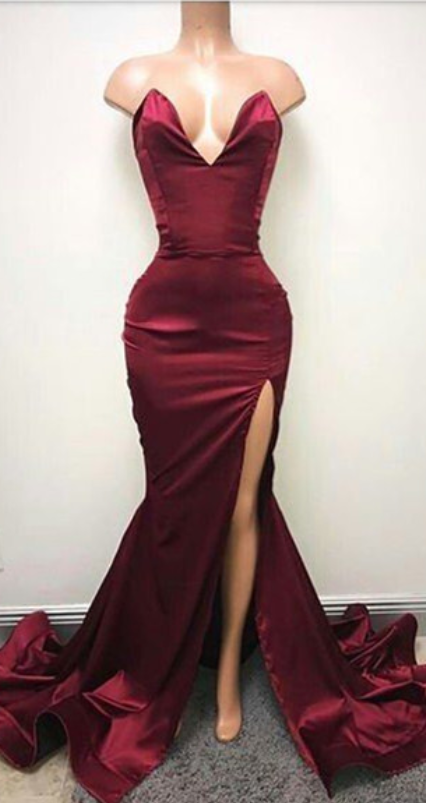 Elegant Sweetheart Corset Sweep Train Slit Gown Burgundy
