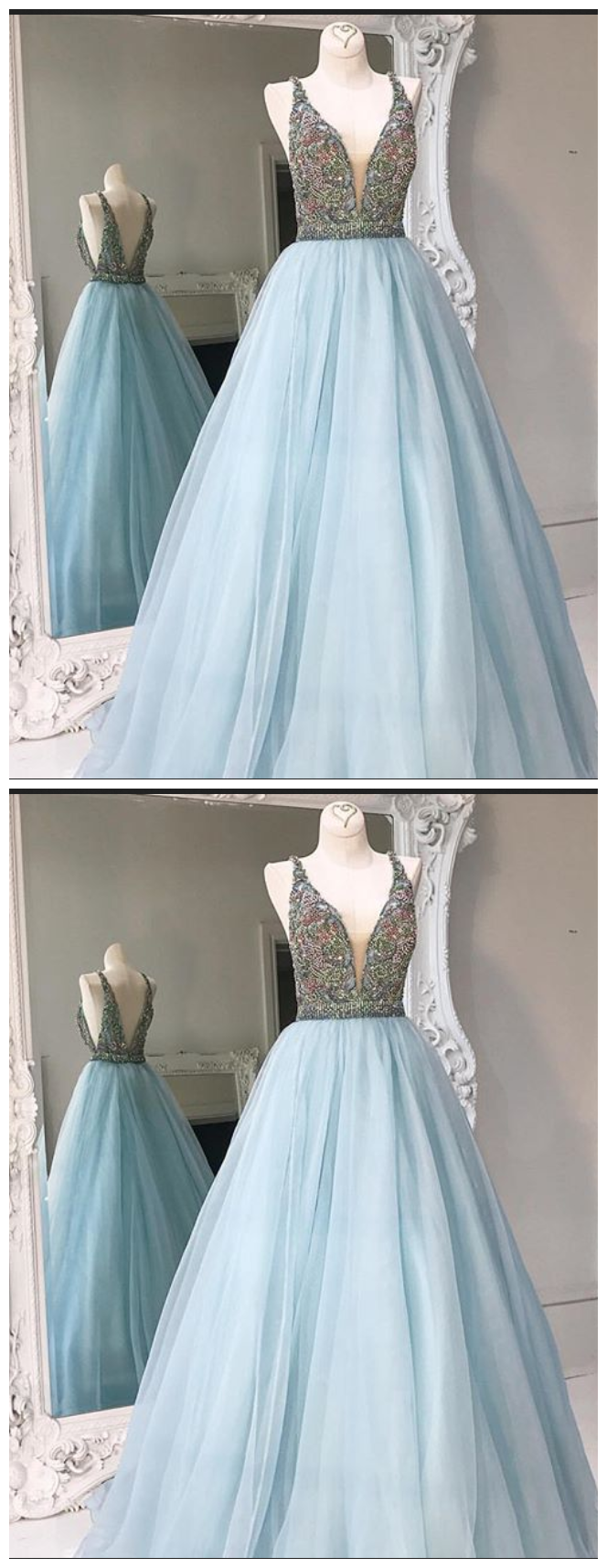 Crystals A-line Tulle V-neck Formal Dress Stunning Sleeveless Prom Dress