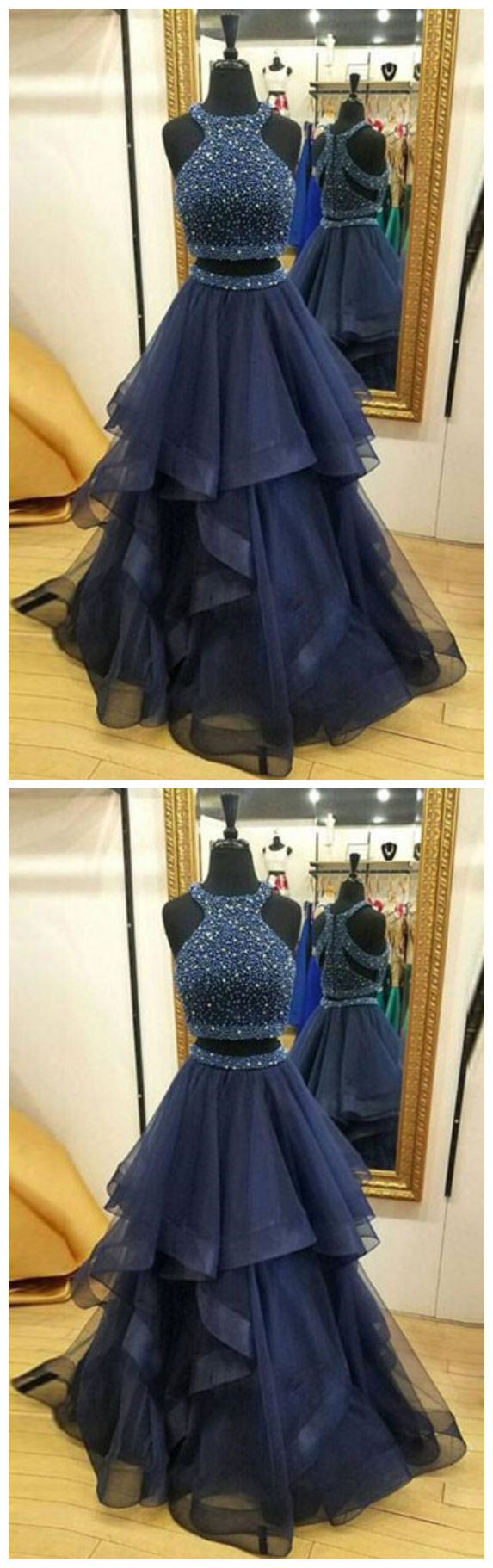 Crystals Ruffles Zipper Sleeveless Formal Dress Jewel Modest Two Piece Prom Dress