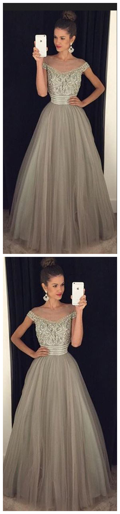 Beadings Crystal Evening Gowns A-line Glamorous Tulle Long Prom Dress