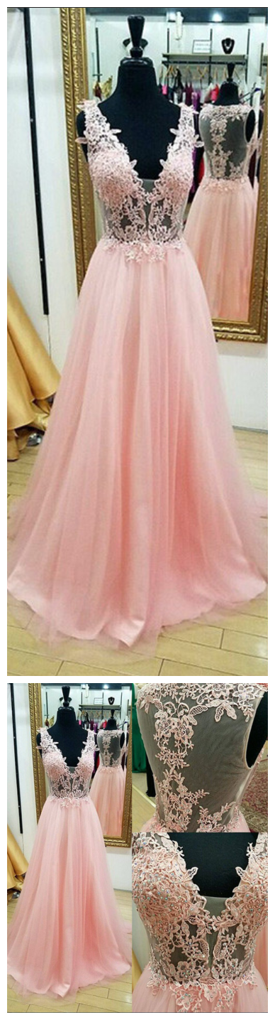 Appliques Pink Evening Dress V-neck Lace Beading Sleeveless A-line Prom Dresses