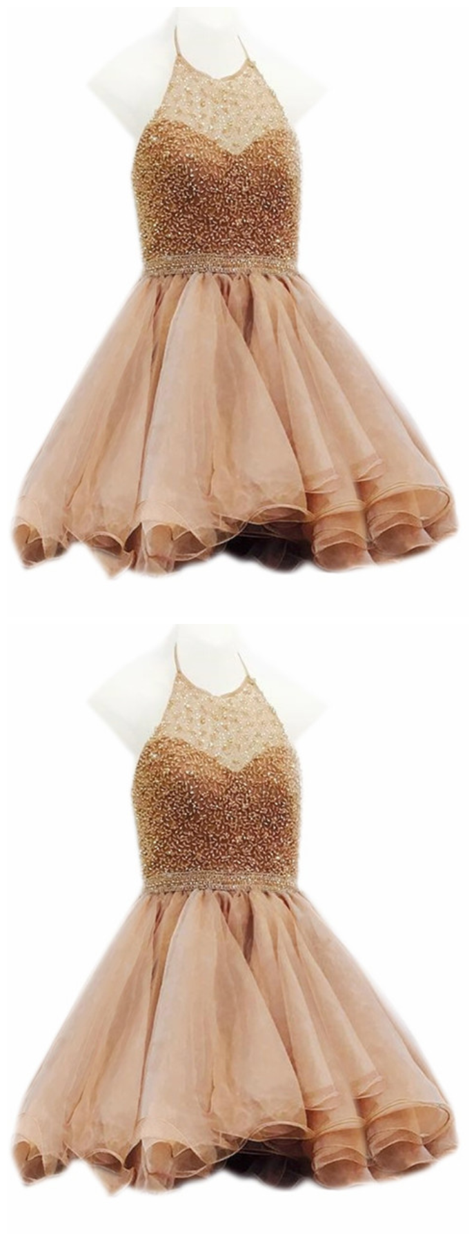 Champagne Homecoming Dress,halter Prom Dress Short ,beaded Cocktail Dresses