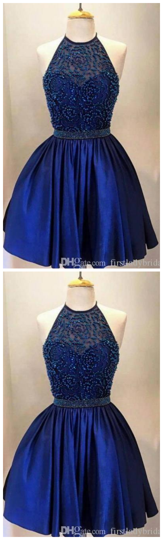 Royal Blue Short Mini Homecoming Dresses Beaded Ball Gown Halter Real Picture Summer Girls Prom Graduation Dress